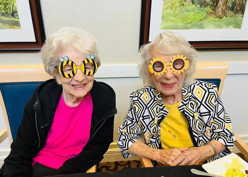 Two senior ladies, dressed in bright and cheerful attire, sit together wearing fun, bee-themed and sunflower-themed glasses. They are enjoying a themed event, likely "Don't Step on a Bee Day," adding a playful and lively touch to their day.