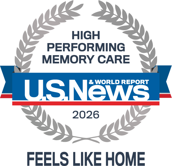 U.S. News 2026 High Performing Memory Care award badge honoring the community's commitment to feel like home.