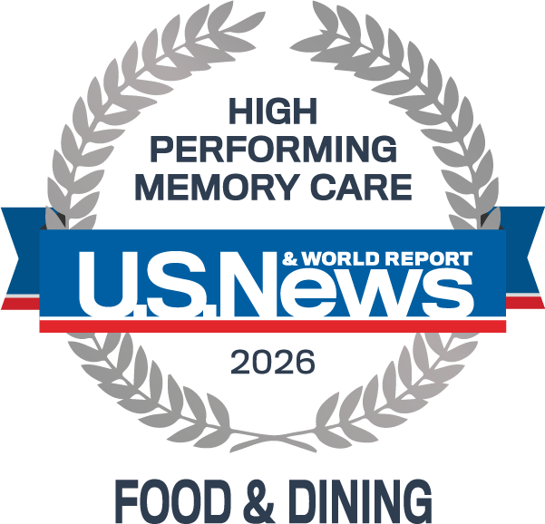 U.S. News 2026 High Performing Memory Care award badge recognizing the community's excellence in Food & Dining.